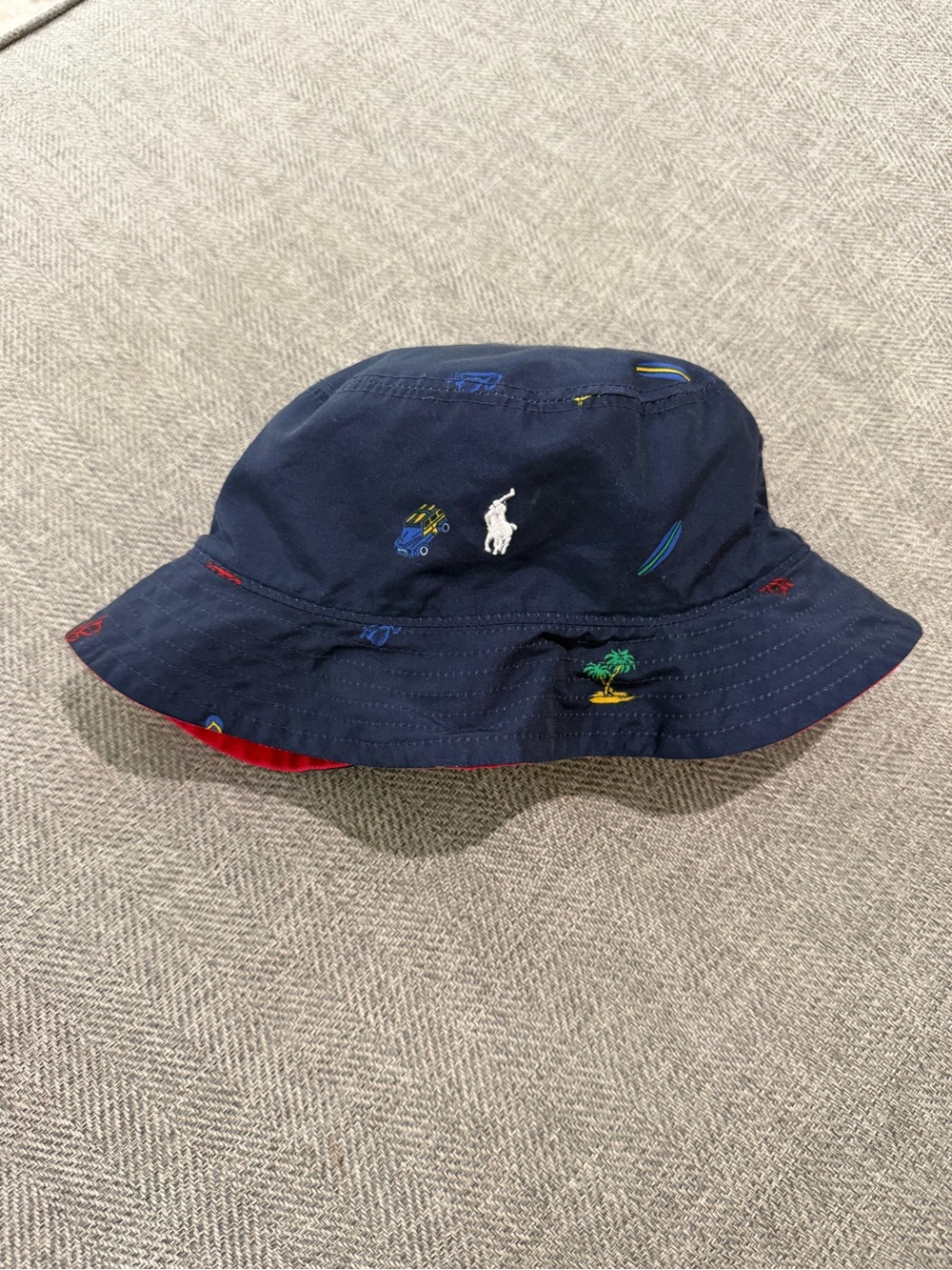 Ralph Lauren Navy Bucket Hat with Embroidered Multicolor Motifs